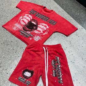 เสื้อยืดครอปพิมพ์ลาย DTG ทรงบ็อกซี่แบบวินเทจ ล้างสีด้วยกรด ผลิตตามสั่ง OEM ชุดเสื้อยืดแขนสั้นและกางเกงขาสั้น ชุดสตรีทแวร์ฮิปฮอปสำหรับผู้ชาย ฤดูร้อน - Product Image 4