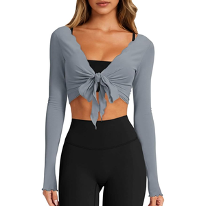 Women Gray <b>Long</b> <b>Sleeve</b> <b>Crop</b> Top Criss Cross Neck Self-Tie Bow Solid Color Yoga Shirt Regular Fit Full <b>Sleeve</b> Activewear - Product Image 1