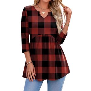 Túnicas Personalizadas de Cuadros Buffalo Rojos y Negros, Estilo Babydoll con Cintura Fruncida y Cuello en V, Tops Diarios de Otoño - Product Image 3
