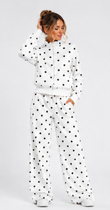 Women's <b>White</b> Polka Dot Knitted <b>2</b> <b>Piece</b> <b>Set</b> Full Length Loose Fit Casual Outfit with Pocket and Stand Collar - Product Image 2