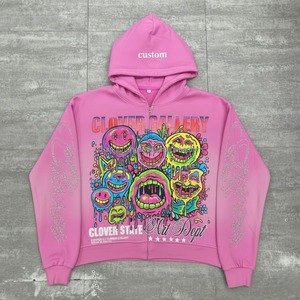 Sweat à capuche thermique d'hiver 100% coton, personnalisé avec broderie et strass, en molleton bouclette épais, coupe courte, orné de cristaux de luxe - Product Image 6