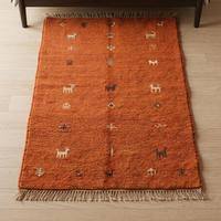 Tapis d'appoint unique en laine noué à la main, orange brûlé, à poils plats, motif floral, traditionnel, décoratif, avec franges et pompons