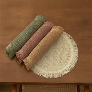 Round Natural Jute Fiber Placemat Solid Color Woven Fringed Edge Non-Slip <b>Table</b> <b>Mat</b> for Dining Room Scandinavian Style - Product Image 4