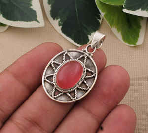 Pendentif en jade rose naturel, argent sterling 925 plaqué platine, collier vintage fait main avec pierres précieuses, bijoux artisanaux de luxe unisexe - Product Image 3