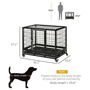 36-Inch Heavy Duty Double-Door Dog <b>Crate</b> with Lockable Wheels and Removable Tray for Medium and Large Dogs Black - Product Image 3