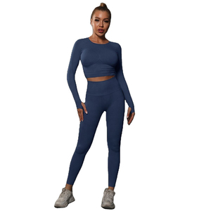 Conjunto de yoga sin costuras de 2 piezas para mujer: leggings de cintura alta y top corto con cuello redondo y tirantes cruzados, elástico en cuatro direcciones, ecológico. - Product Image 1