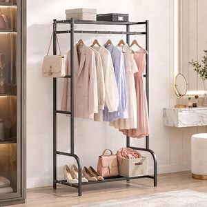 Minimalist Metal Clothing Rack With Double Tier Storage <b>Shelf</b> For Wardrobe Use <b>Standing</b> Type Multifunctional Design - Product Image 1