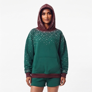 Sweat-shirt décontracté à épaules tombantes pour femme, avec strass en cristal vert et blocs de couleur, collection automne 2026 - Product Image 1