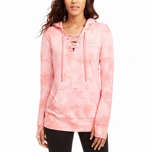 <b>Women's</b> Coral <b>Pink</b> Lace-Up <b>Hoodie</b> | KhumBro Tie-Dye V-Neck Pullover Thumbholes Long Sleeve 100% Cotton Breathable Pockets Autumn - Product Image 1