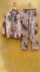 Womens Pure Cotton Block Print Pajamas, Green Floral Pj's, Indian Print Pajama Set <b>Unique</b> <b>Gift</b> <b>For</b> <b>Her</b> - Product Image 1