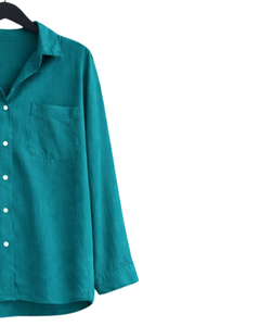 Ensemble deux pièces en lin bleu sarcelle pour femme : chemise à manches longues boutonnée et pantalon large à taille élastique – Tenue décontractée et confortable - Product Image 2