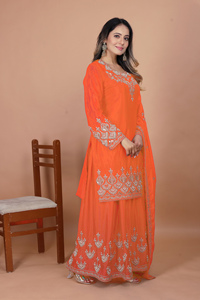 Chinon Silk Coding <b>Sequin</b> Rivet Moti Top <b>Flared</b> Palazzo Pack Embroidered Dupatta Stitched Three Piece Partywear Suit - Product Image 3