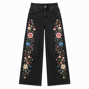 Women's Mid Embroidered Wide Leg Jeans Floral Denim Pants <b>Light</b> Stretch Eco-Friendly Casual Streetwear Fashion Denim <b>Trousers</b> - Product Image 4