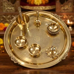 Juego de Thali de Metal Premium para Pooja con Grabado Floral Intrincado, Bandeja Redonda Decorativa para Puja con Campana Diya, Porta Incienso y Cuencos - Product Image 5