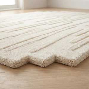 Tapis rectangulaire en laine/coton tufté à la main, crème, design moderne, antidérapant, adapté aux animaux domestiques, à poils longs et épais - Product Image 3