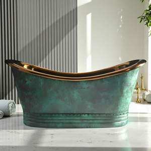 Baignoire en cuivre patiné vert rustique, finition oxydée faite à la main, baignoire autoportante pour hôtel, complexe hôtelier, spa, villa - Product Image 1