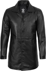 Manteau long en cuir véritable noir pour homme, col rabattu, simple boutonnage, vêtement d'hiver formel - Product Image 2