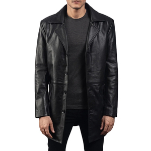 <b>Men's</b> <b>Black</b> <b>Long</b> Genuine Leather Jacket Turn Down Collar Single Breasted Button <b>Coat</b> - Product Image 1