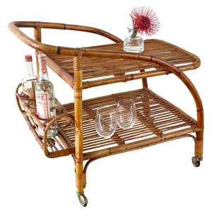 Natural Woven Rattan Bar <b>Serving</b> <b>Trolley</b> With Elegant Wooden Frame And Portable Storage Solution For Entertaining Guests - Product Image 1