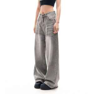 Pantalones Vaqueros de Mezclilla de Cintura Alta, Corte Regular, Casuales, Elegantes y a la Moda, Estilo Cargo, Lavado Ácido, 100% Algodón con Agujeros y Borlas - Product Image 2