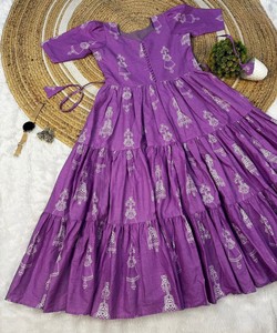 Purple A-Line Maxi Dress V-Neck <b>Cap</b> Sleeve Printed Ruffles Rayon Summer Vintage Style Breathable RUDRA DRESS 85509 - Product Image 4