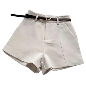 Shorts de Cintura Alta para Mujer, Color Sólido, con Cinturón, Estilo Minimalista, Corte Regular, Tejido de Tela - Product Image 3