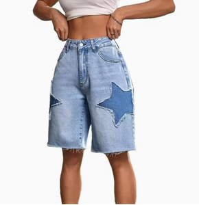 Shorts de mezclilla de cintura alta con parches de estrellas, azul claro, casuales, de verano, para mujer, transpirables, lavados con piedras, de corte holgado - Product Image 1