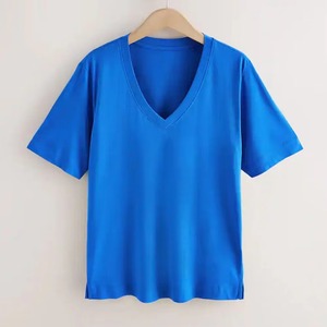 T-shirts personnalisés pour femmes, col en V, été, décontractés, manches courtes, coton respirant, coupe ajustée, unis, vêtements - Product Image 6