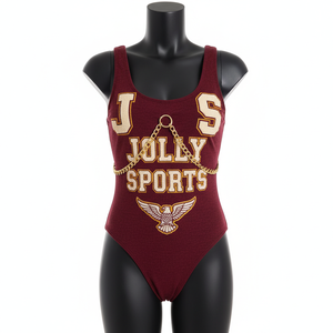 Traje de baño para mujer, 220 GSM, poliéster y spandex, color borgoña, de una pieza, con parche de chenilla bordado, logotipo personalizado. - Product Image 4