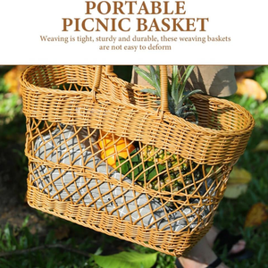 ตะกร้าปิกนิกหวายเทียม, ตะกร้าเก็บของสำหรับตั้งแคมป์พร้อมหูหิ้ว, กระเป๋าใส่ของสำหรับตลาดกลางแจ้งแบบทนทานและล้างทำความสะอาดได้สำหรับใส่อาหารและผลไม้ - Product Image 3