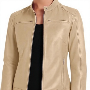 Chaqueta de Motociclista de Piel de Oveja, Corte Ajustado, Cuello Alto, Cierre de Cremallera, Unisex, para Otoño, Color Sólido, Largo Regular - Product Image 6