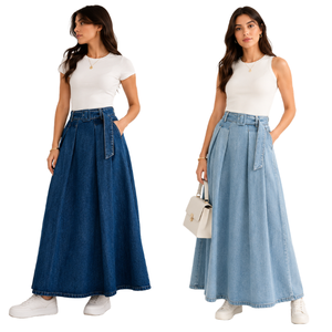 High-Quality Denim <b>Skirt</b> for Women Casual <b>Elastic</b> <b>Waist</b> Pleated Midi Women Floor-Length <b>Skirt</b> Solid Color Style All Seasons Wear - Product Image 1
