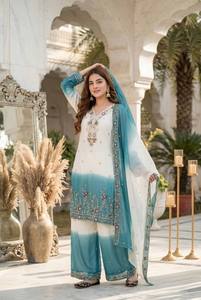 White & Teal Ombre Embroidered <b>Kurti</b> Palazzo Set with Dupatta – Designer Ethnic Party Wear Salwar Suit for Women - Product Image 2