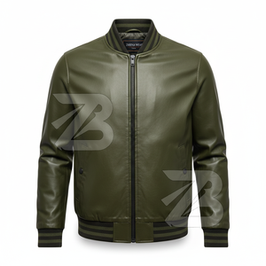 Chaqueta Bomber de Cuero Genuino para Hombre Zarina Wear, Color Verde Oliva, Cierre de Cremallera, Cuello y Puños Acanalados, Estilo Casual Urbano, OEM - Product Image 1