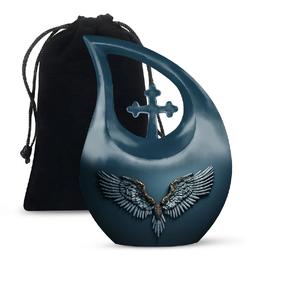 Urne funéraire en aluminium bleu, forme goutte d'eau, surface polie brillante, accent croix religieuse, design ailes décoratives, petit souvenir commémoratif - Product Image 3