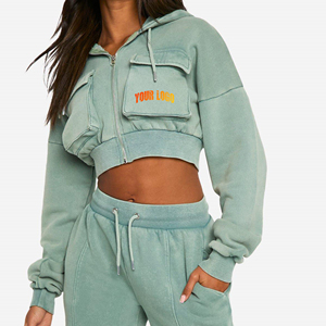 <b>Top</b> Trendy Winter Stonewashed Acid Washed Front <b>Long</b> <b>Sleeve</b> Crop <b>Top</b> Cargo Pocket Hoodie Customized Logo Unisex Warm Zip Vintage - Product Image 4