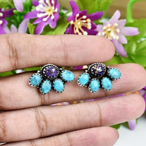 Boucles d'oreilles clous en argent sterling avec grappe de turquoises Navajo, bijoux fins bohèmes rétro floraux pour femmes, cadeaux pour cowgirl, vente en gros - Product Image 2