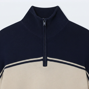 Men's <b>Navy</b> Beige Color Block Quarter Zip Knit Sweater Stand Collar Regular Fit Sweatshirt - Product Image 3