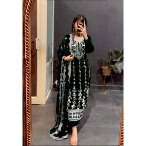 MODERNE VISCOSE VELOURS BRODERIE SÉQUENCE TRAVAIL HAUT BAS AVEC DUPATTA VERT - Product Image 1