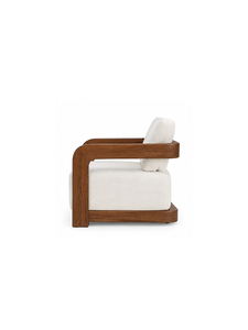 Fauteuil moderne en bois massif avec revêtement crème et accoudoirs arrondis, chaise longue de luxe pour salon, hôtel, café, mobilier - Product Image 2