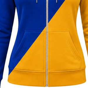 Sweat-shirt à capuche zippé intégral pour femme, bleu roi et or, avec 2 empiècements croisés, manches longues, color block, style décontracté pour sororité - Product Image 5