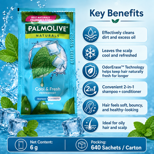 Shampooing Palmolive Naturals Cool & Fresh à la menthe poivrée 6g x 640 sachets |   Contrôle du sébum et rafraîchissement du cuir chevelu 2-en-1 - Product Image 2