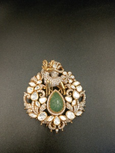 Golden Deer Silver <b>Gold</b> Plated Brooch with Jade & Pear-Cut Moissanite Floral Design Unisex Wedding Fashion Jewelry Gift - Product Image 1