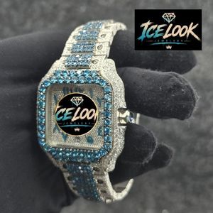 ICELOOK นาฬิกาฮิปฮอปสุดหรูสแตนเลสสตีลทรงสี่เหลี่ยมผืนผ้าหน้าปัดคริสตัลสีน้ำเงินเพชรอนาล็อกควอตซ์ยูนิเซ็กส์ 40 มม. - Product Image 3