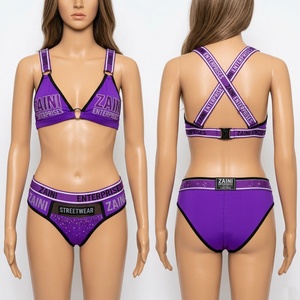 Women <b>Bikini</b> <b>Set</b> Premium 100% Polyester 240 GSM Regular Fit <b>Blue</b> High Waist Plunge Neck Solid Custom Digital Print Front Logo - Product Image 1