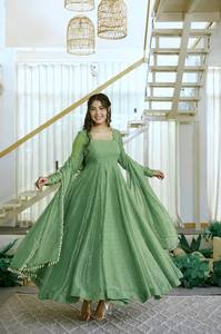 Designer Salsa Silk Ankle-Length Gown Set with Foil Work Quick-Dry Stretchable Full Flare <b>Elastic</b> Waist Pant <b>Lace</b> Border Dupatta - Product Image 5