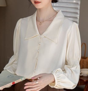 Women's Elegant Satin Blouse With Peter Pan Collar Full Sleeve <b>Balloon</b> Sleeve Button Down Shirt Solid Color Regular Fit - Product Image 2