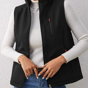 Women <b>Black</b> Sleeveless <b>Vest</b> Stand Collar Zipper Closure Windproof Outerwear Regular Length Solid Color Woven Fabric - Product Image 6