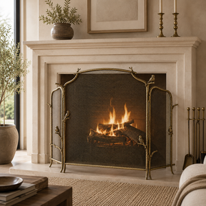 Architectural <b>Grid</b> Design <b>Metal</b> Fireplace Screen with Heavy Duty Mesh Spark Guard Freestanding Hearth Protector Gold Finish - Product Image 5