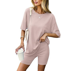 Women's Pink 2-Piece Shorts Set O-Neck Short Sleeve Loose Fit Casual Summer Knitted Solid Color Breathable Daily Wear Outfit - Product Image 4